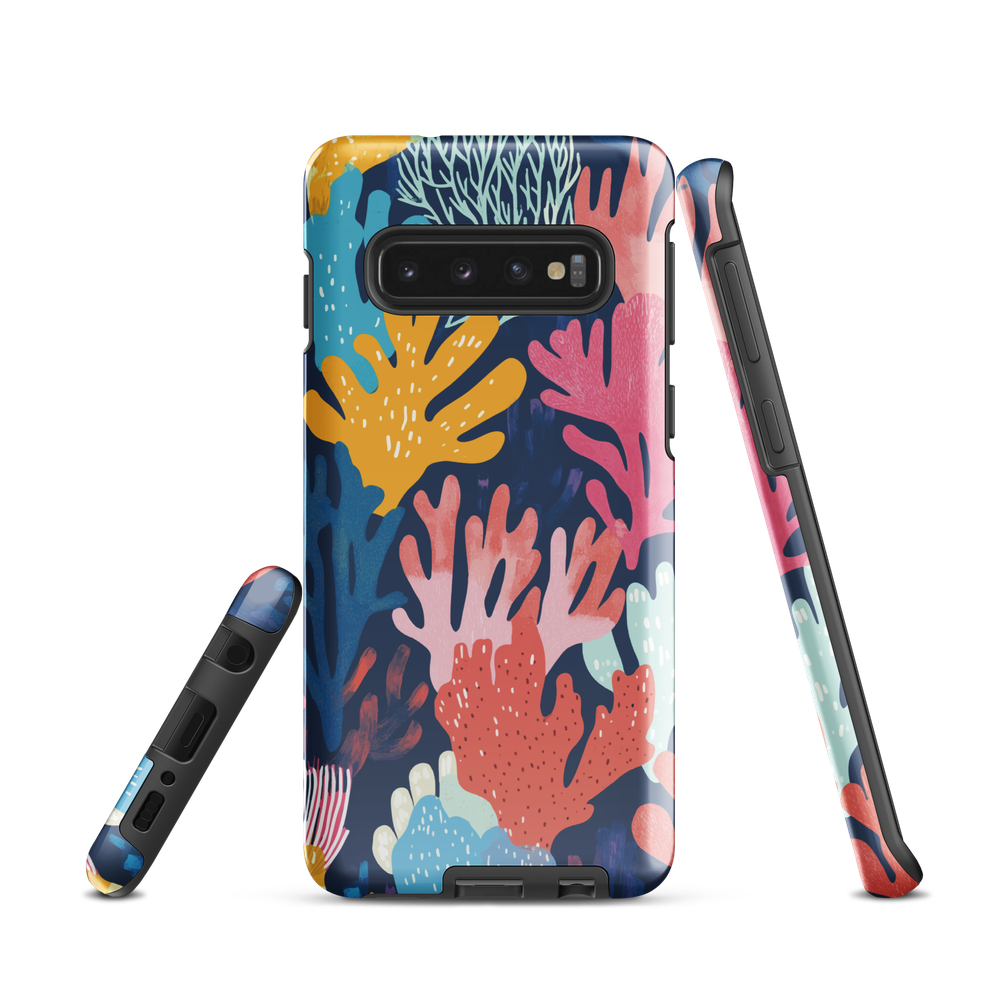 Colourful coral reef phone case design in pink, blue and yellow by NZ artist Ben Hart