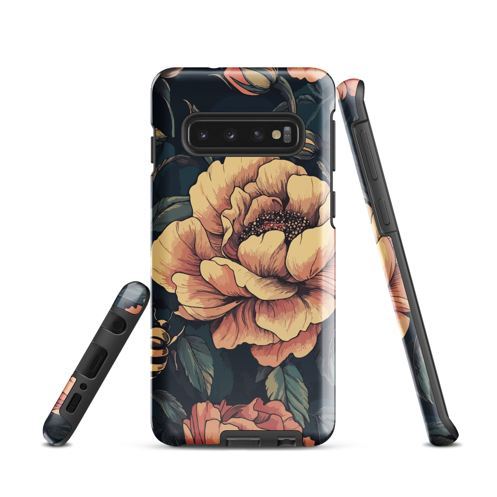 Phone case with vintage-style pink roses and bees on dark background, floral New Zealand artwork.