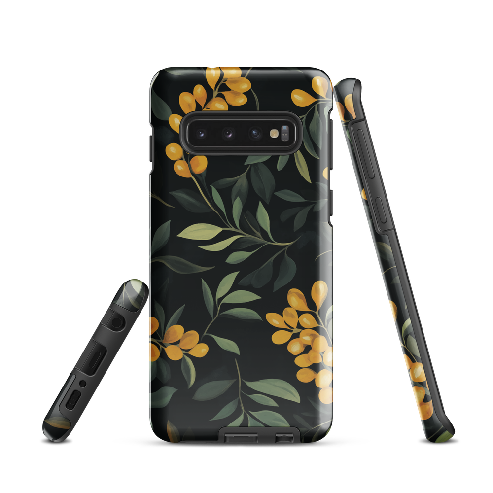 NZ Kowhai phone case with native yellow floral and green leaves on black background by designer Ben Hart.