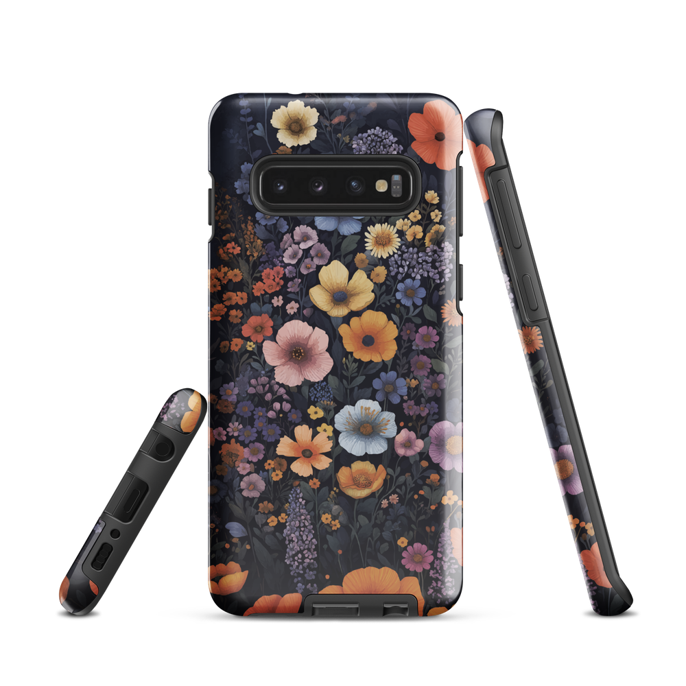 Phone case with colourful wildflowers on dark background, floral art design