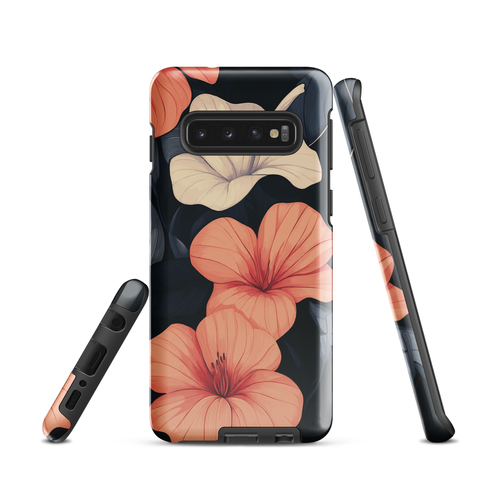 Phone case with coral hibiscus flowers and ivory blooms on dark background