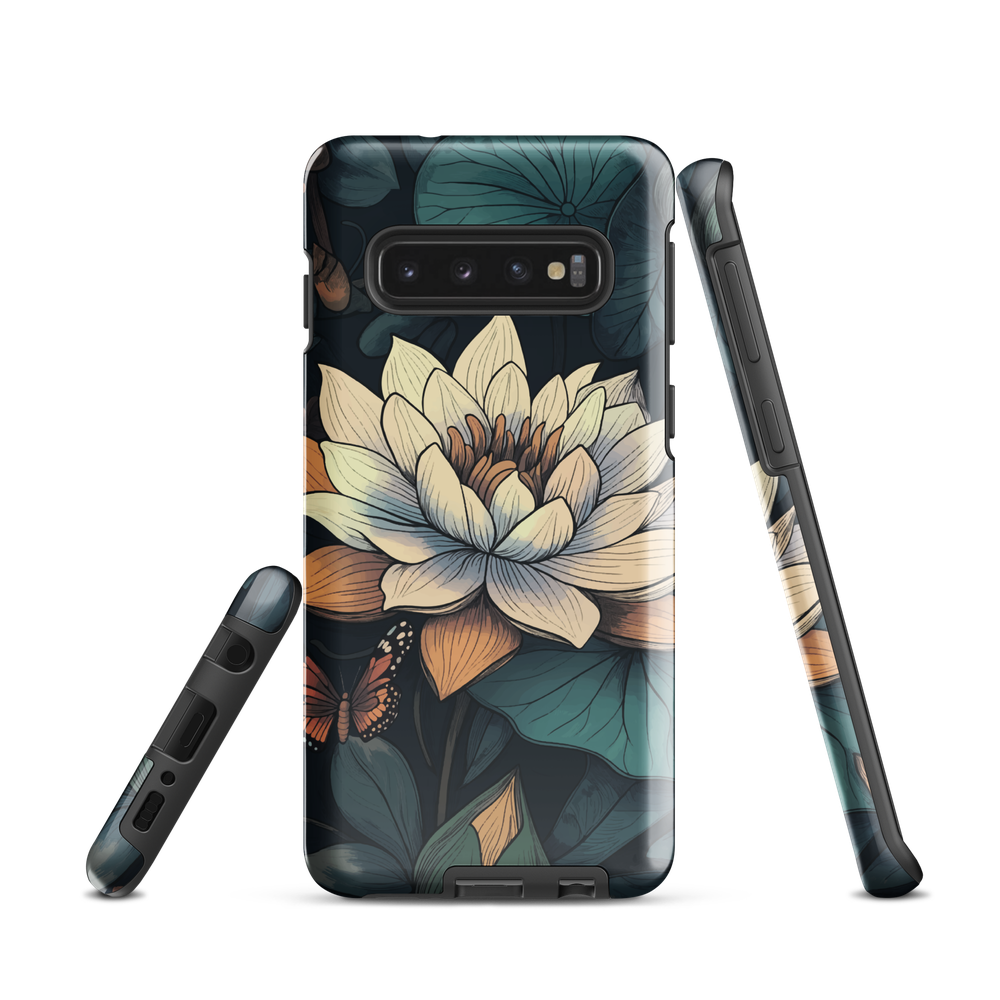 Phone case with ivory water lily, green leaves, and butterfly accents on dark background