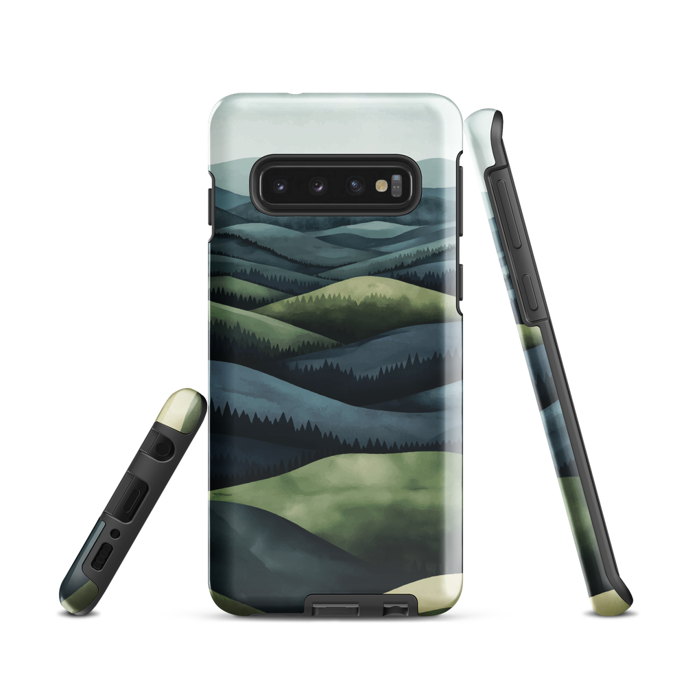 Phone case with layered mountain and forest landscape in blue and green hues