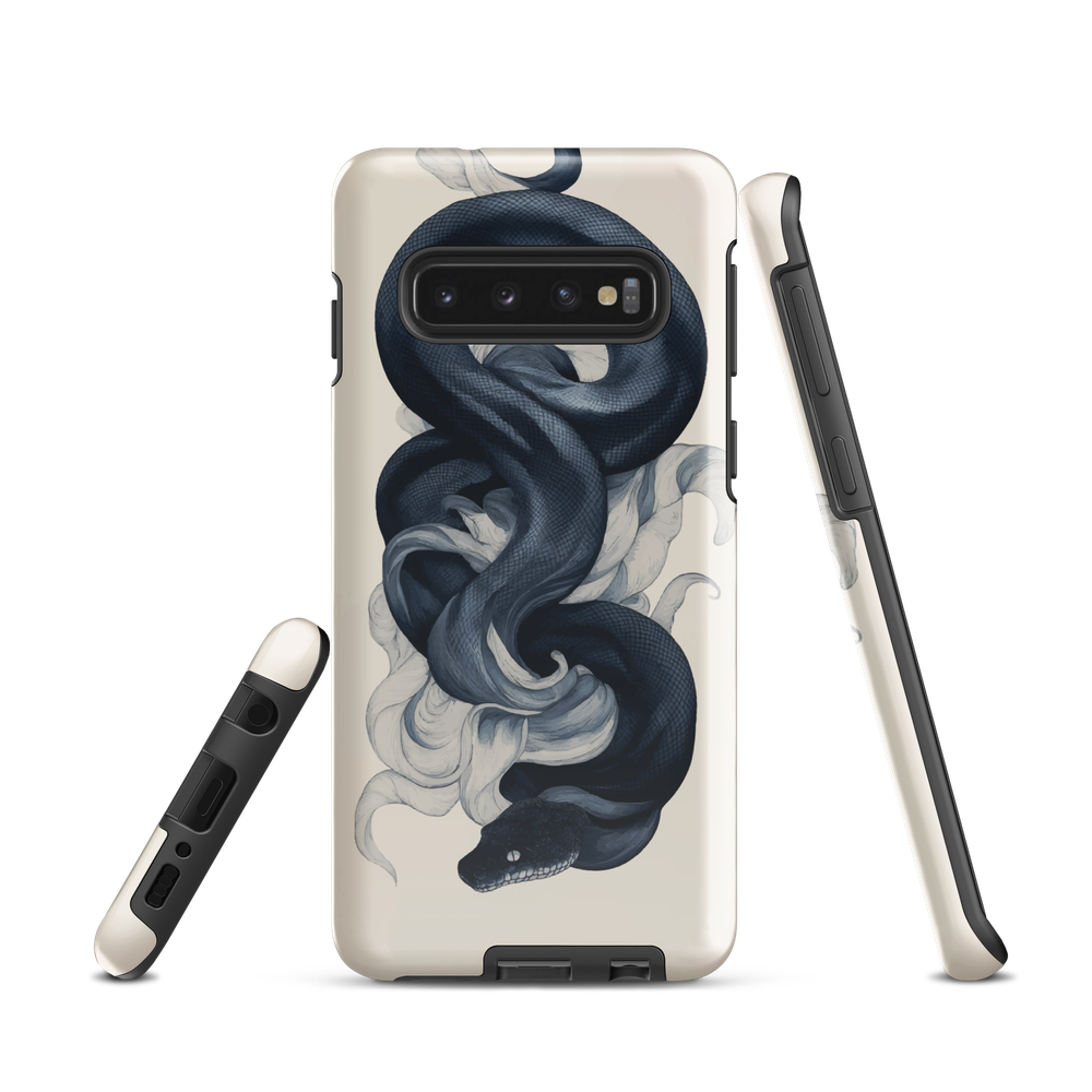 Phone case with black python and smoke design on cream background, serpent art by NZ artist Ben Hart.