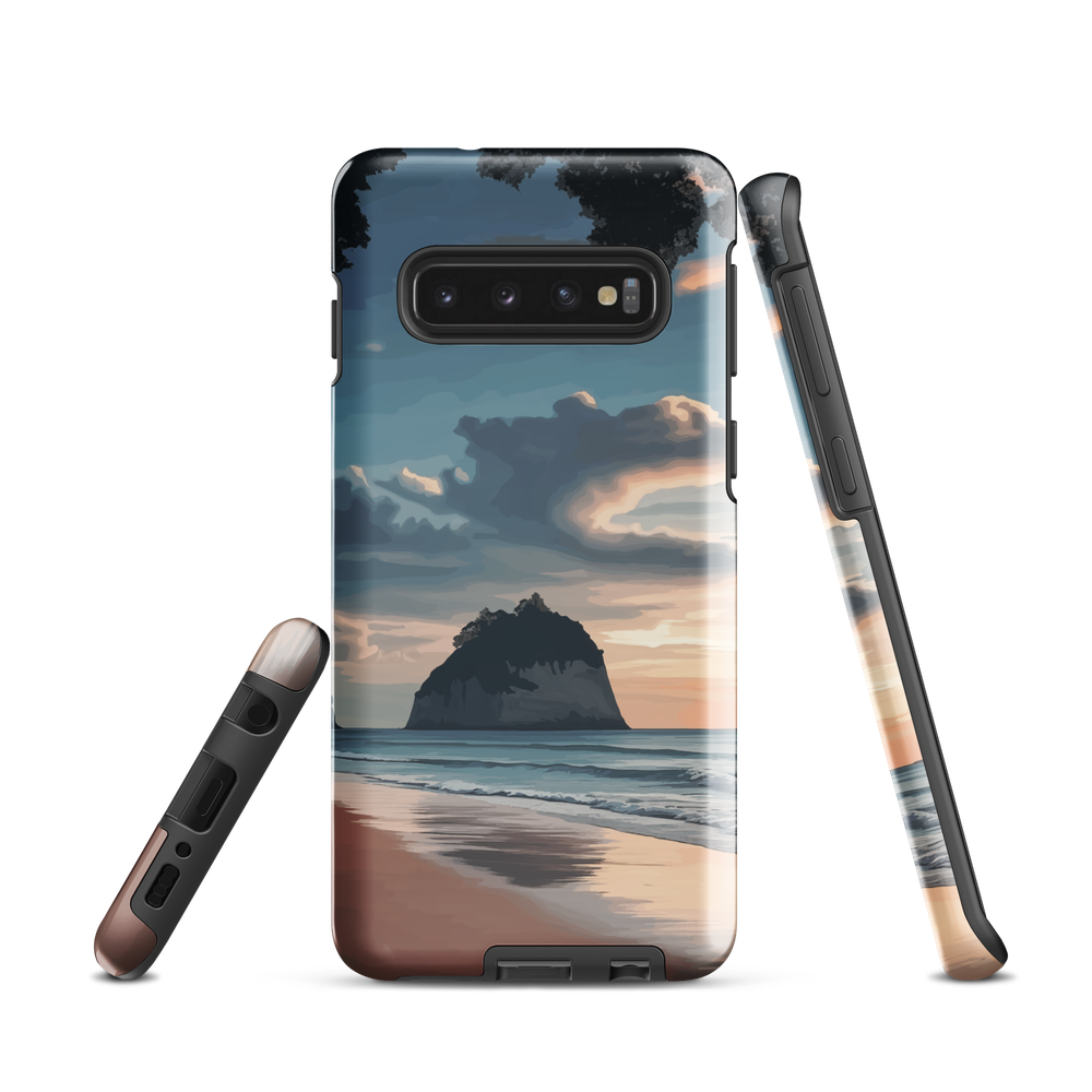 Phone case with Cathedral Cove beach and sunset scene, featuring soft skies and sea stack, by NZ artist Ben Hart.