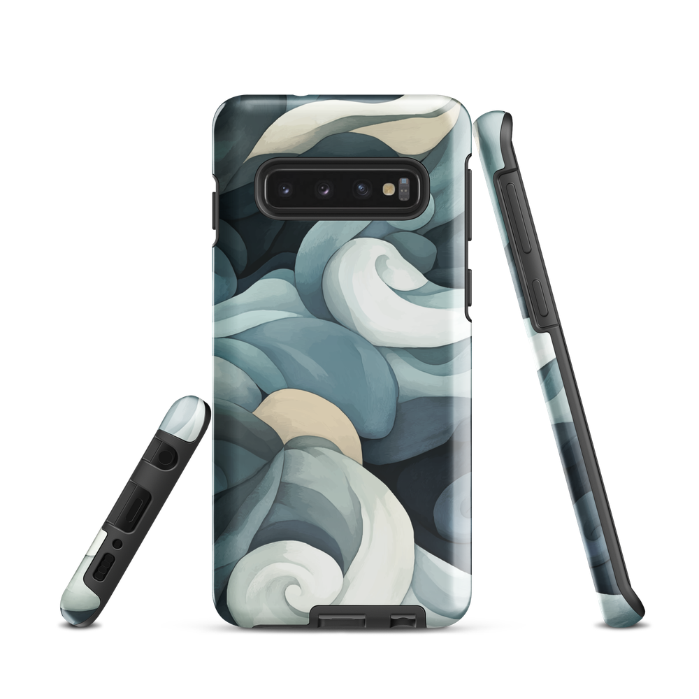 Phone case with abstract swirling ocean waves in blue and cream