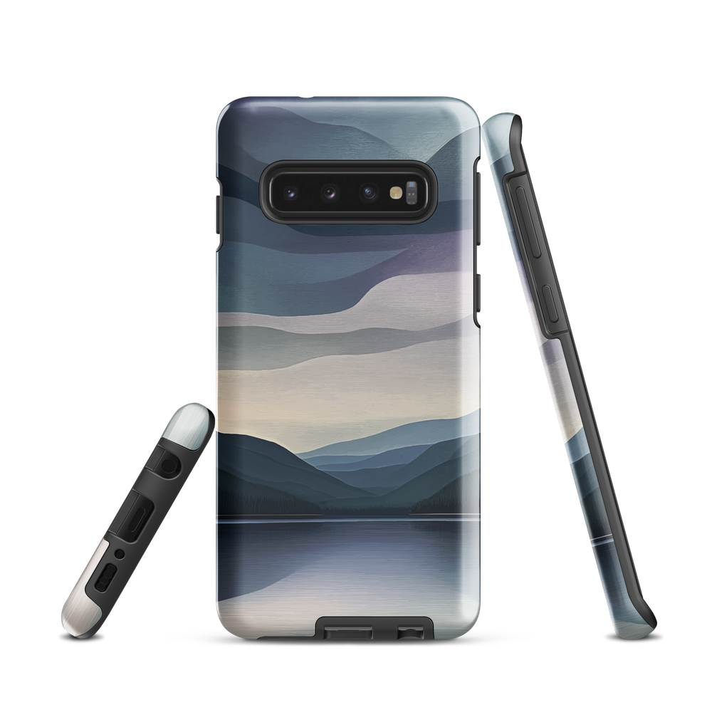 Phone case with moody blue and purple layered mountain and lake landscape artwork