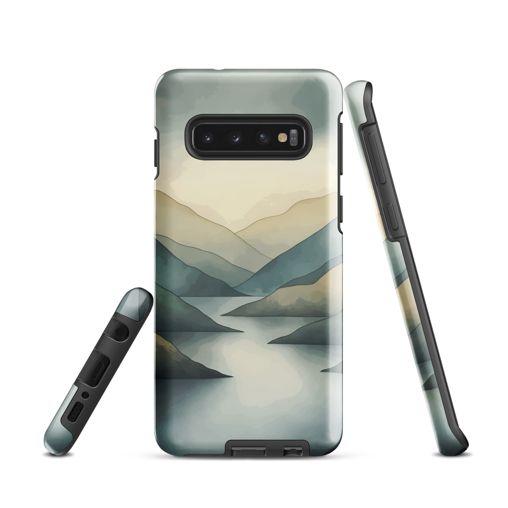 Phone case with soft mountain and valley design in misty green, blue, and golden tones