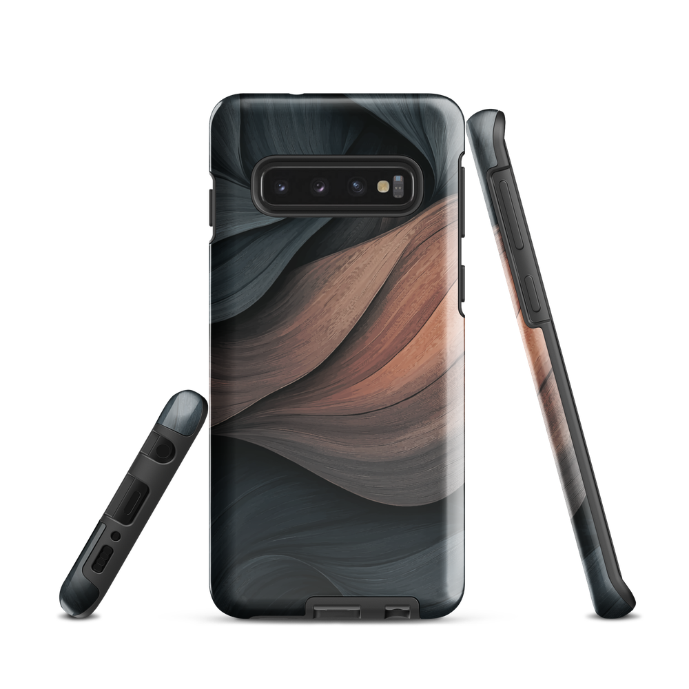 Phone case with flowing abstract design in black, copper and charcoal tones, inspired by dusk shadows