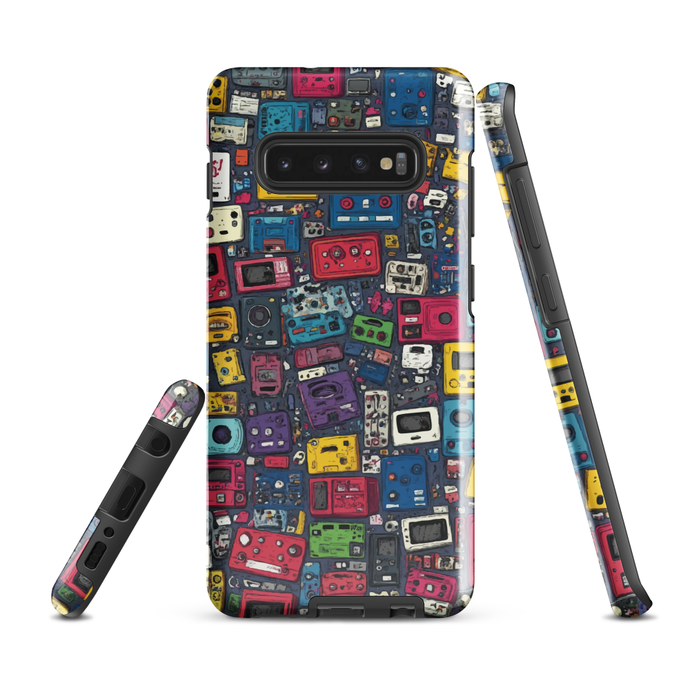 'Arcade' Samsung case, featuring a vibrant collage of hand-drawn controllers in bold, vintage-inspired colours. From electric blue and hot pink to classic black and yellow