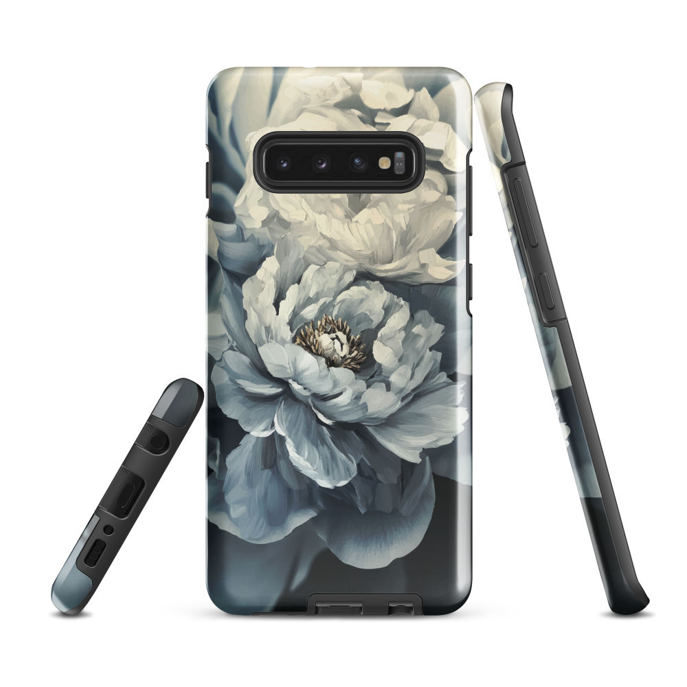 'Whisper' Samsung case features a stunning close-up of softly painted peony blooms in dreamy shades of ivory, grey, and smoky blue.