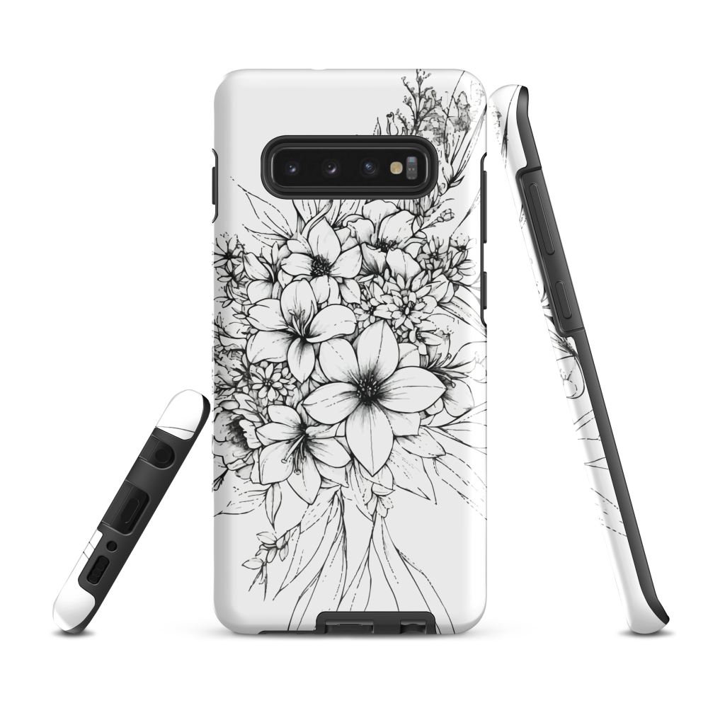 Black and white floral phone case with hand-drawn lilies and wildflowers