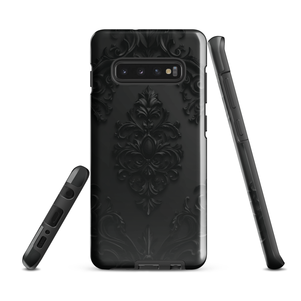 Black embossed damask phone case with gothic baroque pattern.