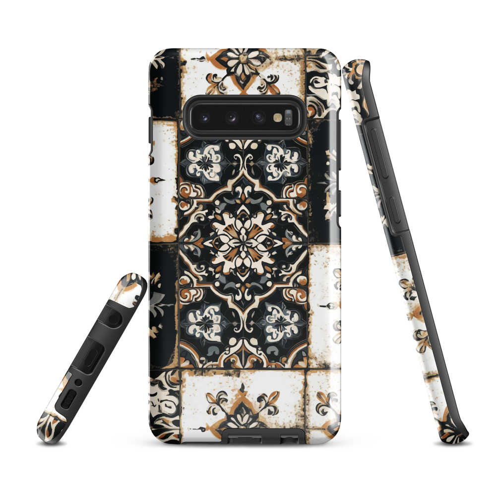 Moroccan tile pattern phone case in black, white, and gold tones with vintage-inspired design.
