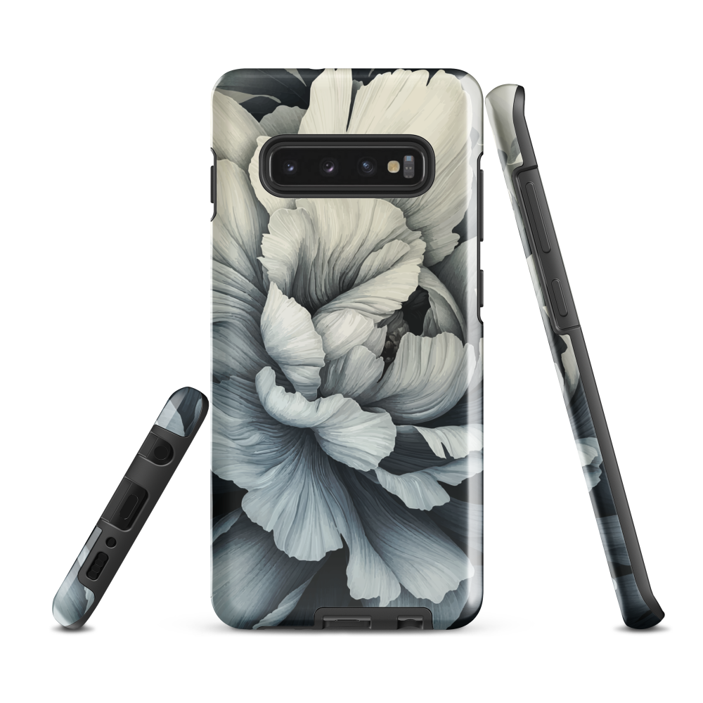 Black and white floral phone case featuring a soft, moody peony design by New Zealand artist Ben Hart.