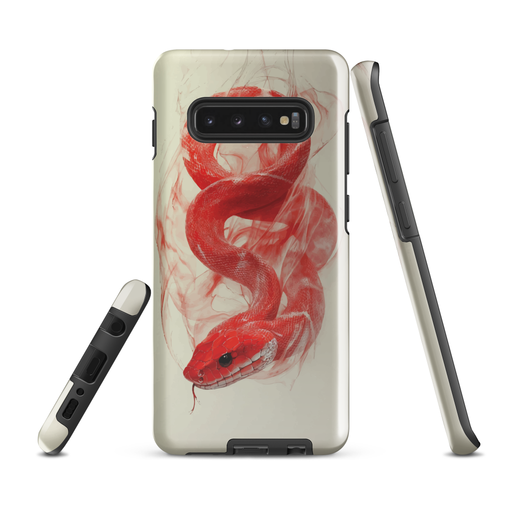 Phone case with red snake design on a cream background, coiled in smoky detail. Bold artwork by NZ designer Ben Hart.