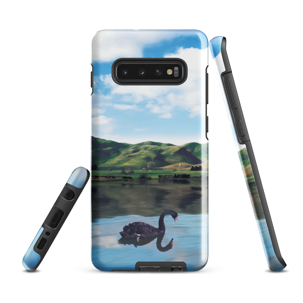 Phone case with a black swan on a calm lake, New Zealand hills in the background. Art by NZ designer Ben Hart.