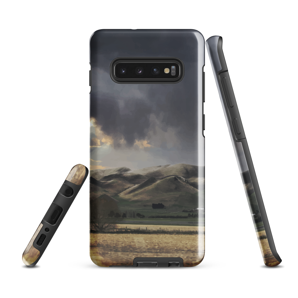 Designer phone case with NZ landscape painting of Te Hauke and cloudy skies by Ben Hart.