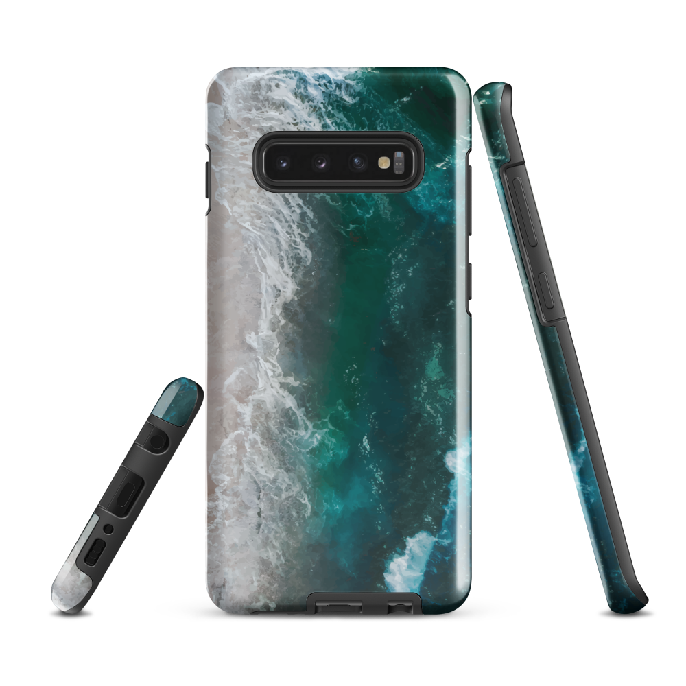 Ocean wave phone case with abstract beach design in teal and white, by NZ artist Ben Hart.