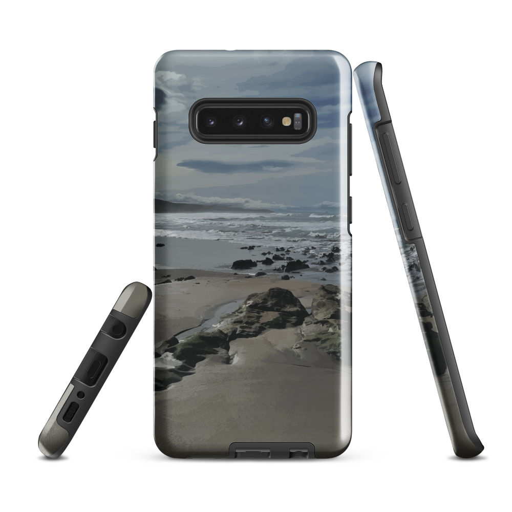 Phone case with artwork of Riversdale Beach, Masterton – rocks, waves and sky by NZ artist Ben Hart.