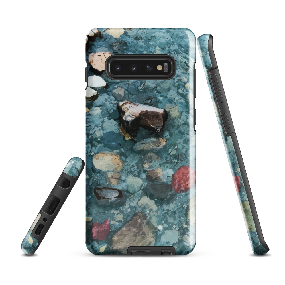 Washed Away designer phone case with abstract river stone artwork in earthy blues and natural tones.