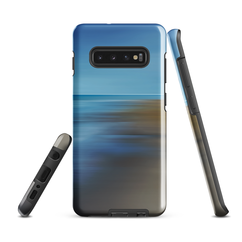 Ocean Breeze phone case with abstract blue and sandy tones inspired by sea and sky.