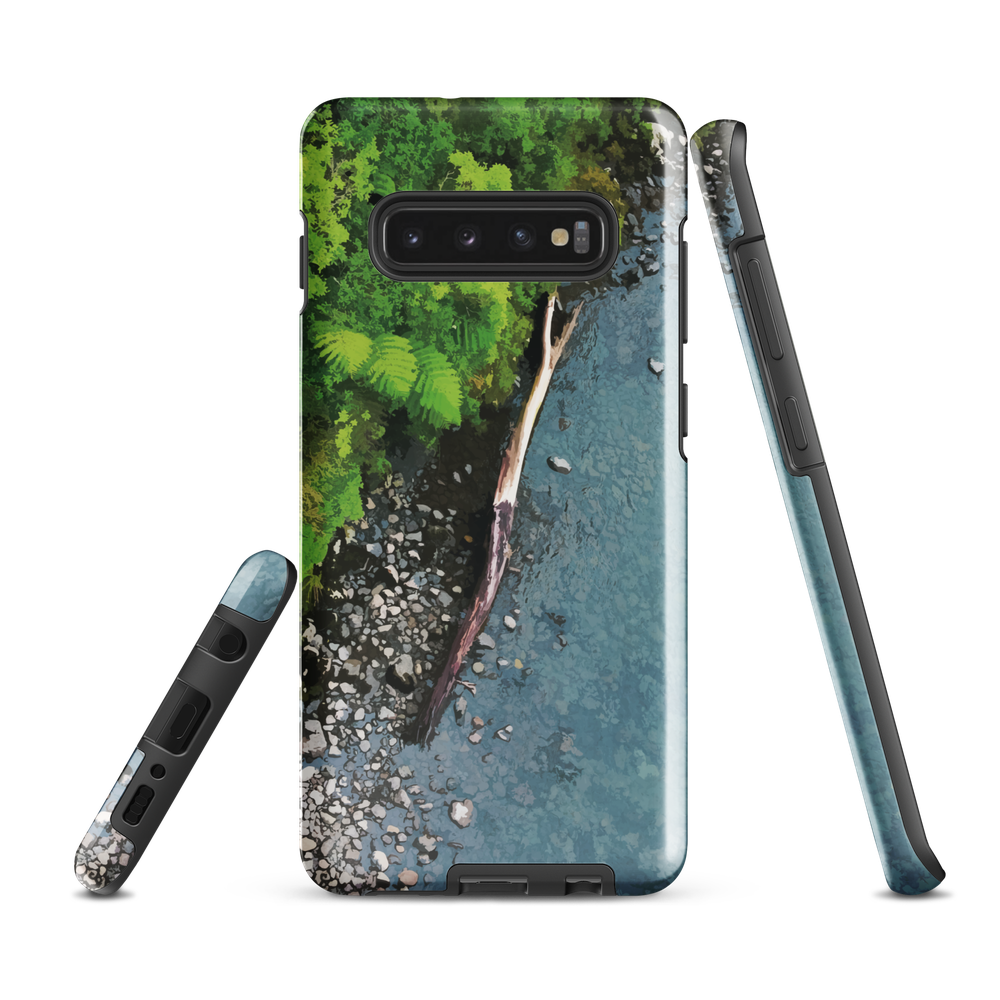 Resting Place phone case with aerial artwork of river rocks, green bush, and driftwood in a New Zealand stream.