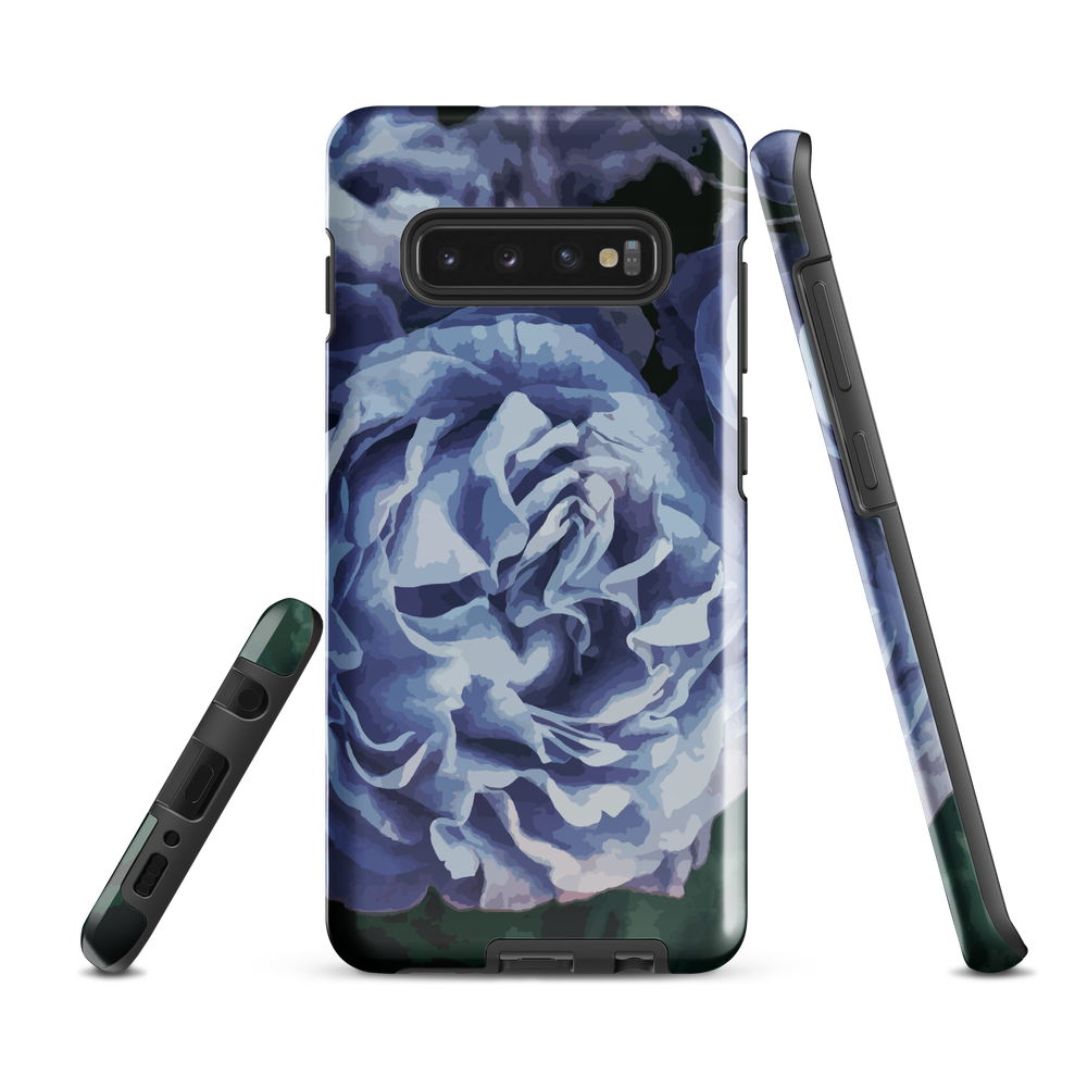 Designer phone case with a bold blue rose artwork and glossy finish.