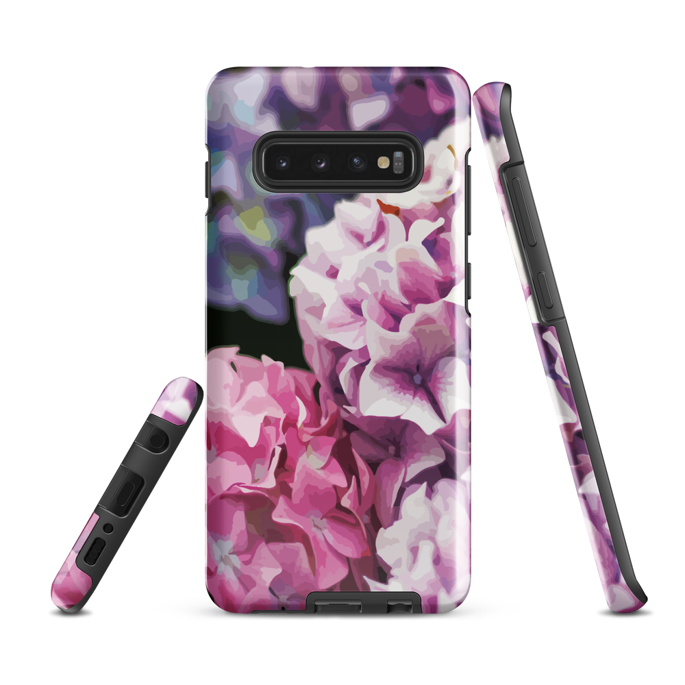 Designer phone case with pink and purple hydrangea floral artwork.