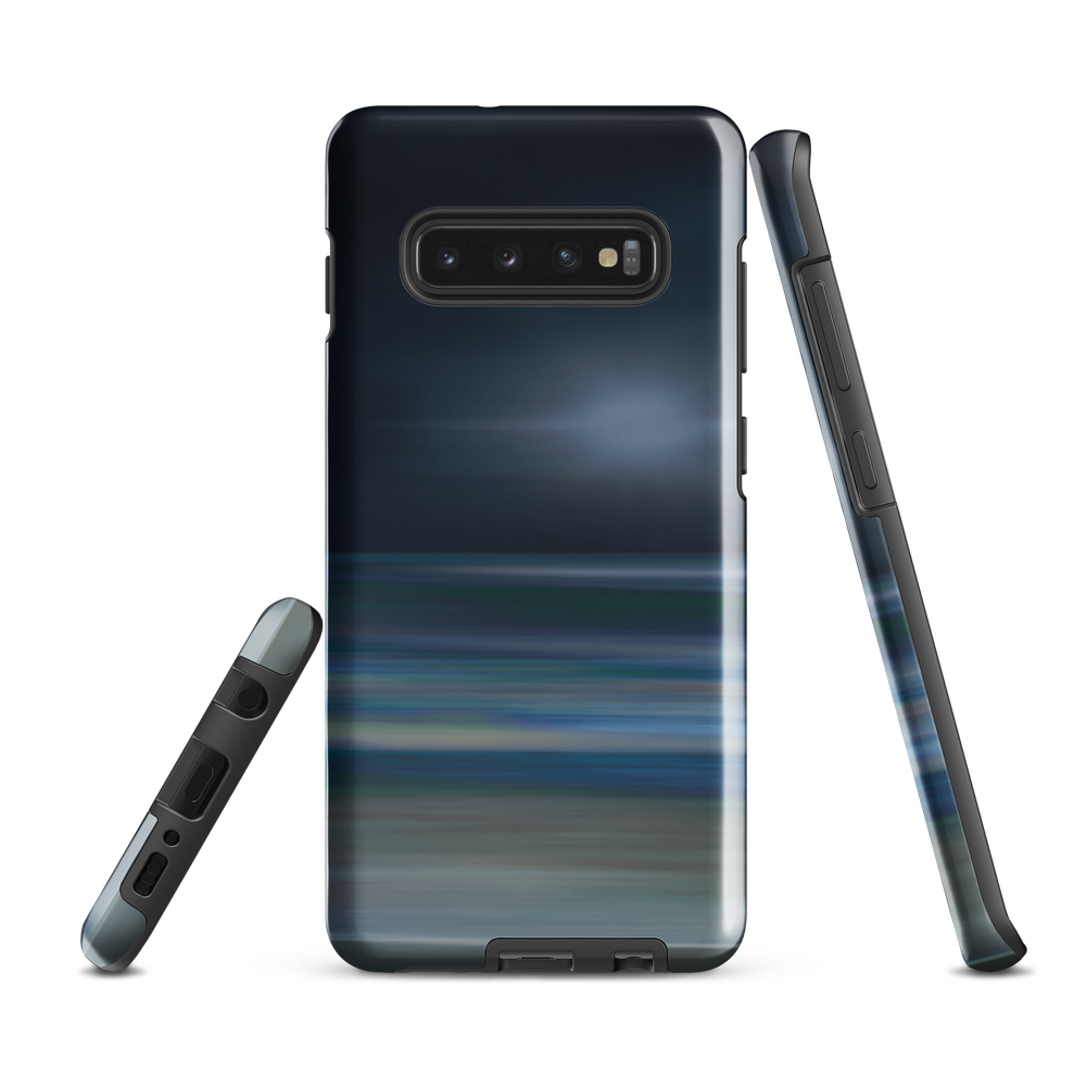 Dark abstract phone case with blue and grey streaks and glossy finish.