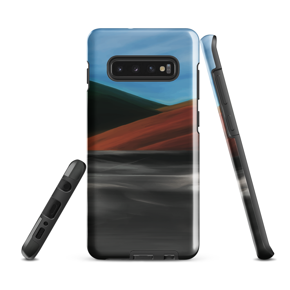 Phone case with abstract red, green, and blue heat wave landscape design.
