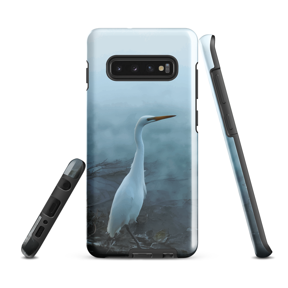 Phone case with a white heron standing in a misty wetland scene.