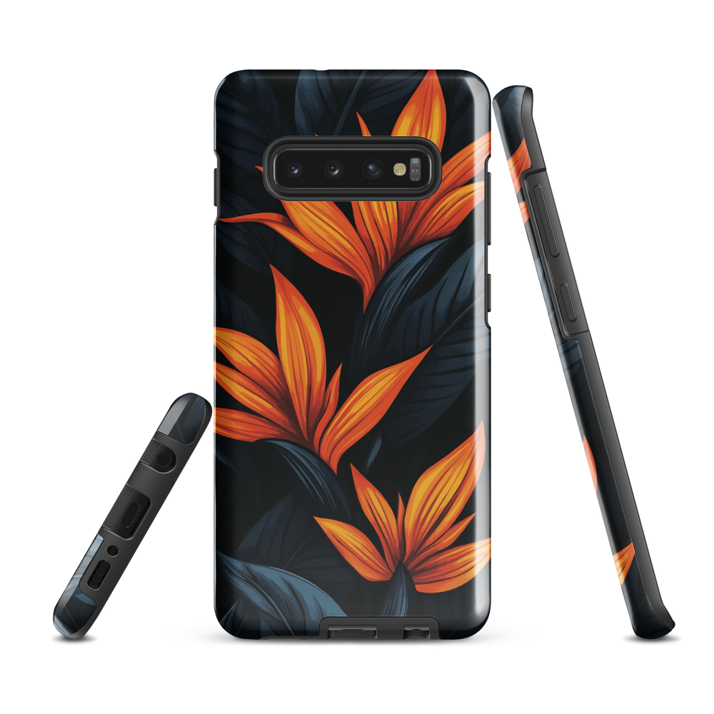 Phone case with bold orange bird of paradise flowers on dark background.