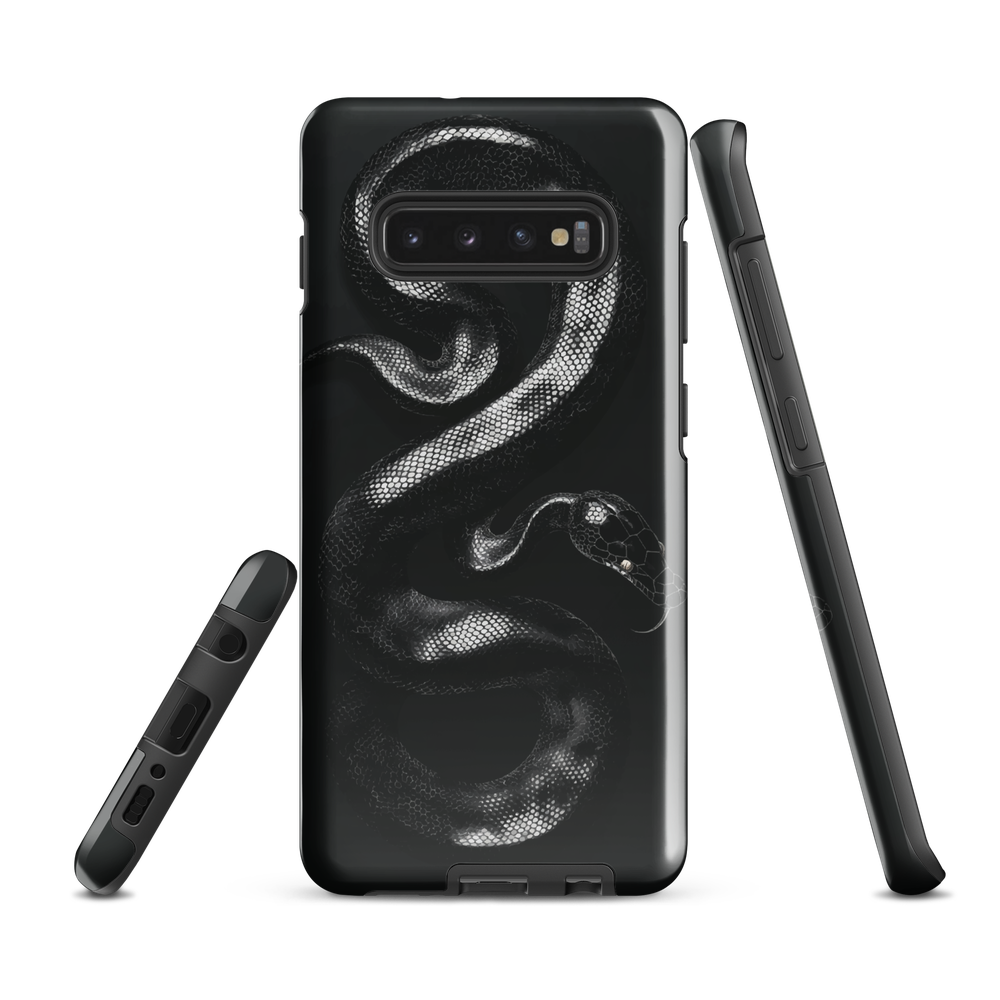 Phone case with detailed black python design on dark background.