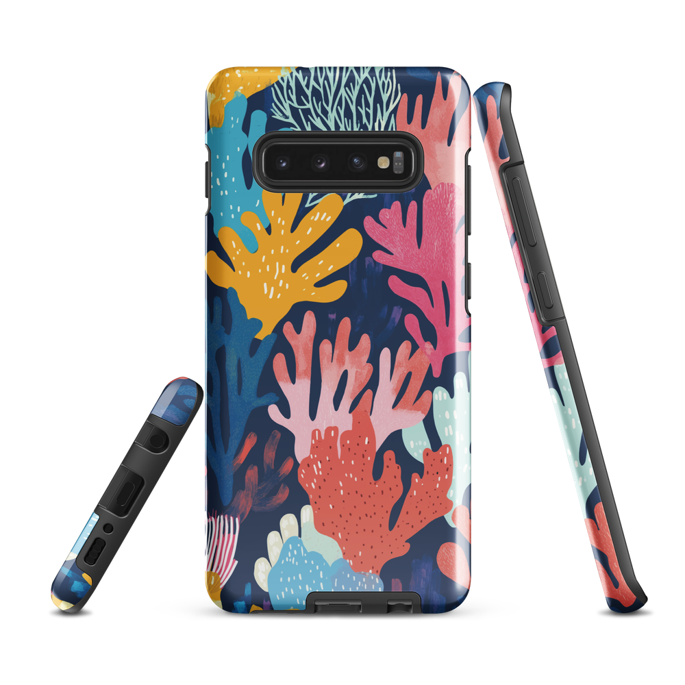 Colourful coral reef phone case design in pink, blue and yellow by NZ artist Ben Hart