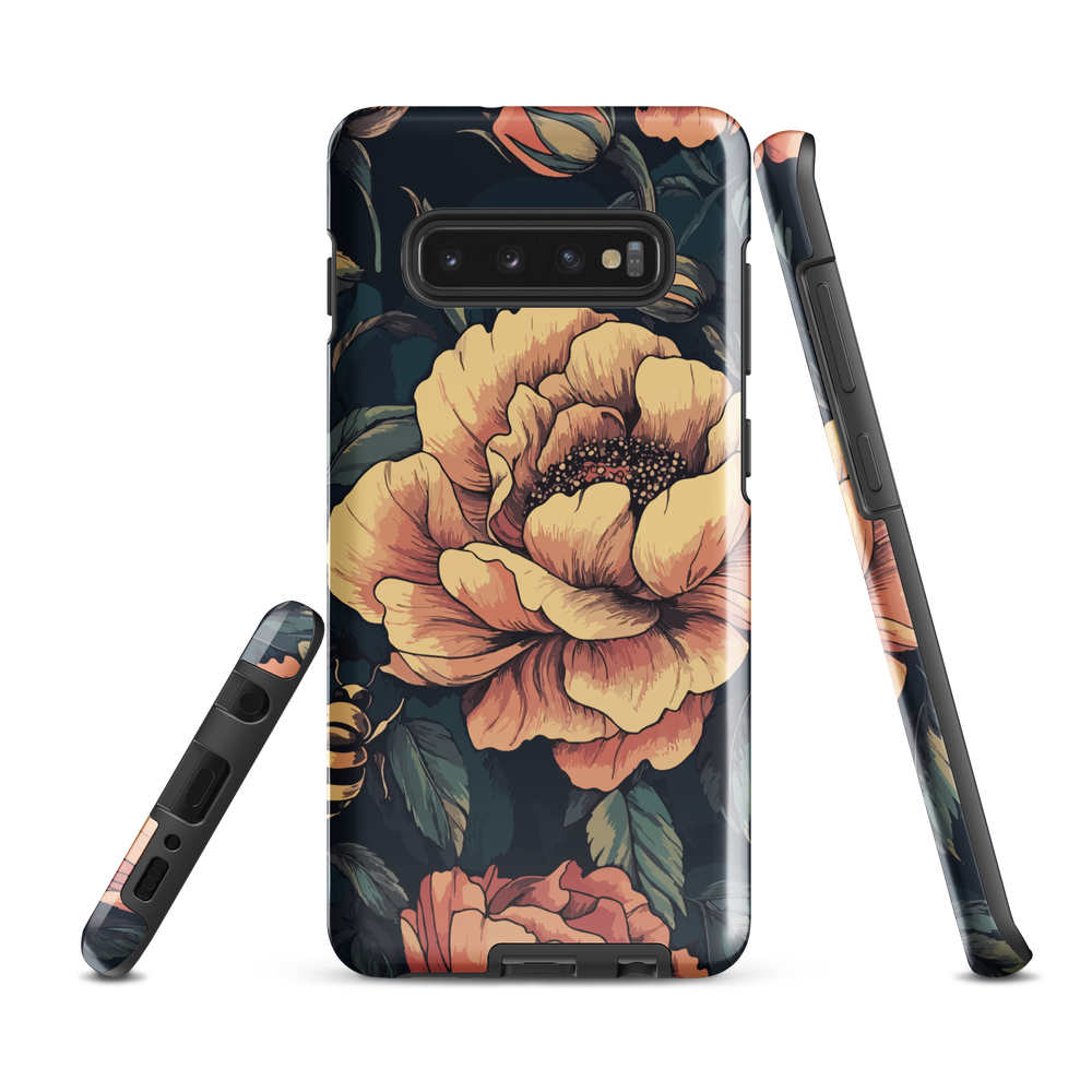 Phone case with vintage-style pink roses and bees on dark background, floral New Zealand artwork.