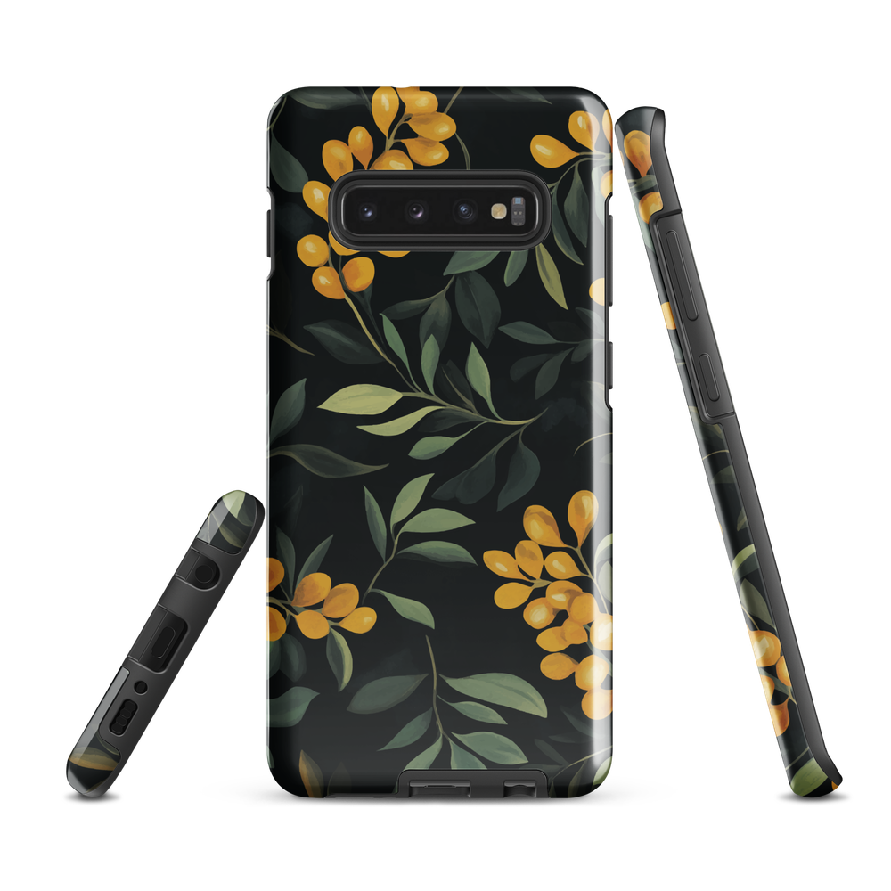 NZ Kowhai phone case with native yellow floral and green leaves on black background by designer Ben Hart.