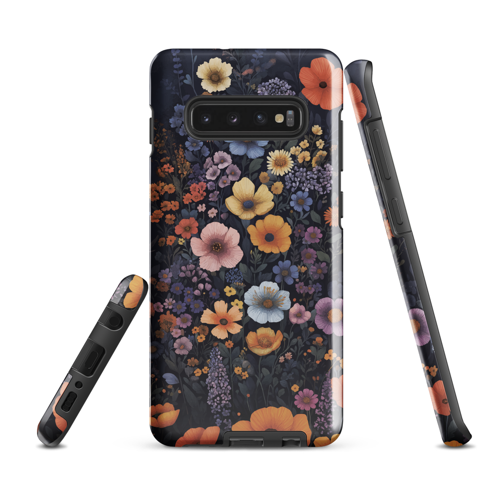 Phone case with colourful wildflowers on dark background, floral art design