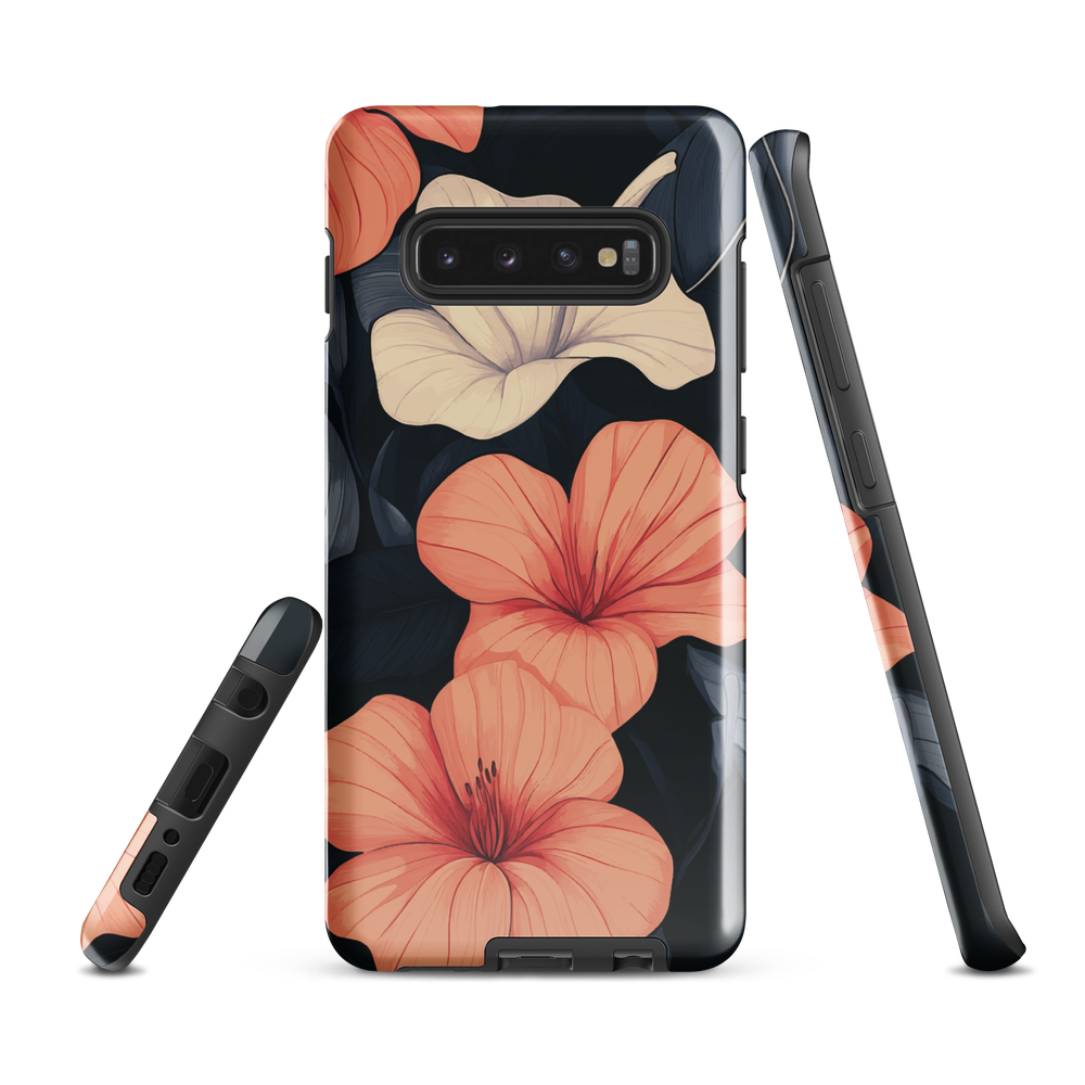 Phone case with coral hibiscus flowers and ivory blooms on dark background