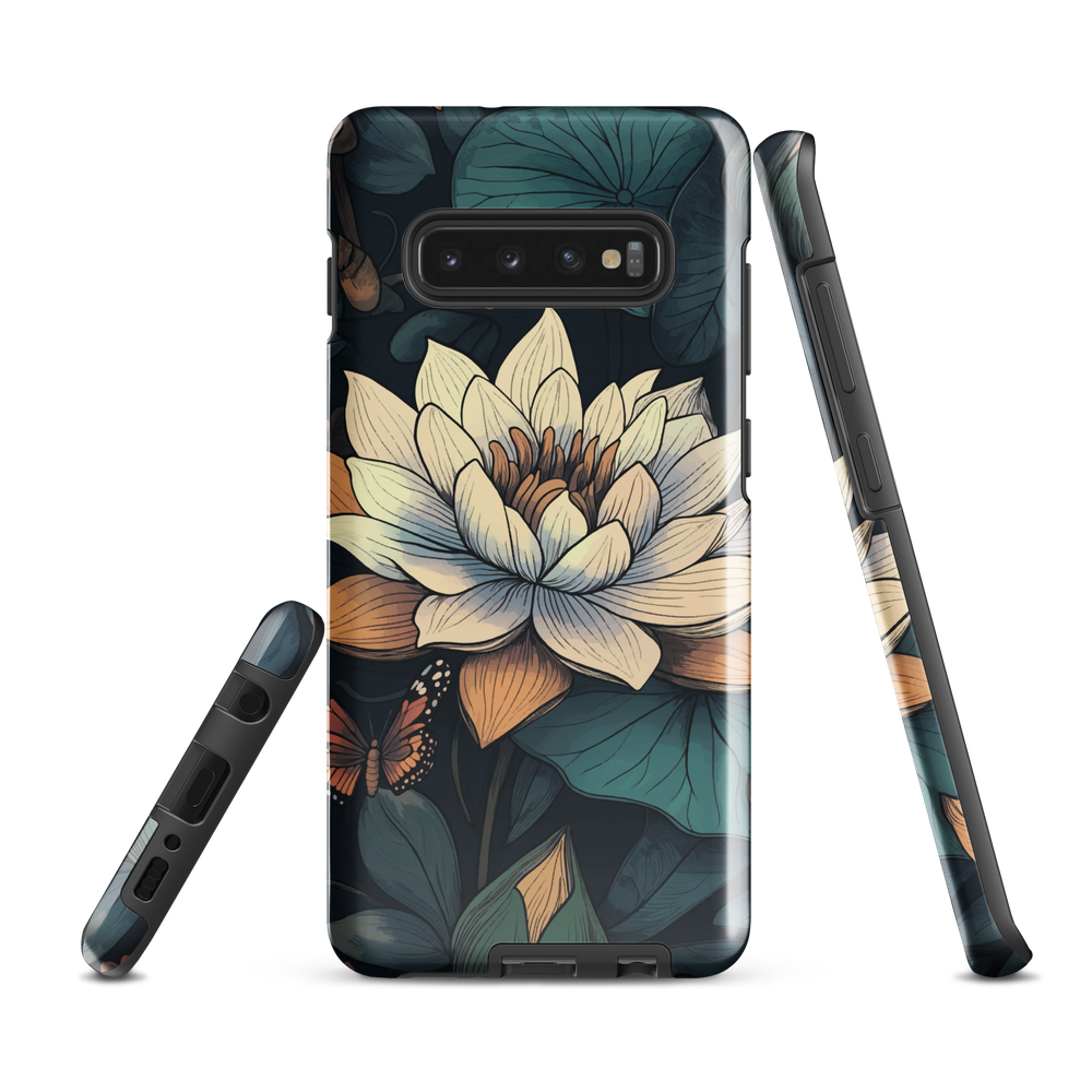 Phone case with ivory water lily, green leaves, and butterfly accents on dark background