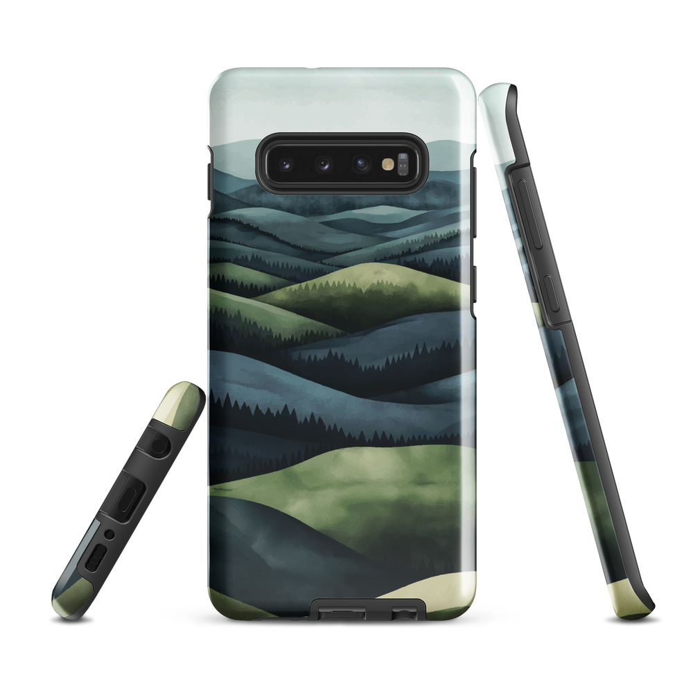 Phone case with layered mountain and forest landscape in blue and green hues