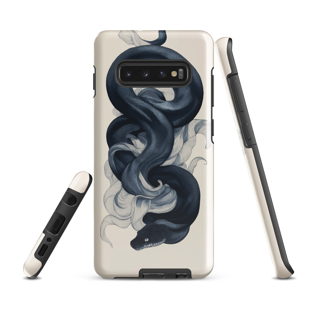 Phone case with black python and smoke design on cream background, serpent art by NZ artist Ben Hart.