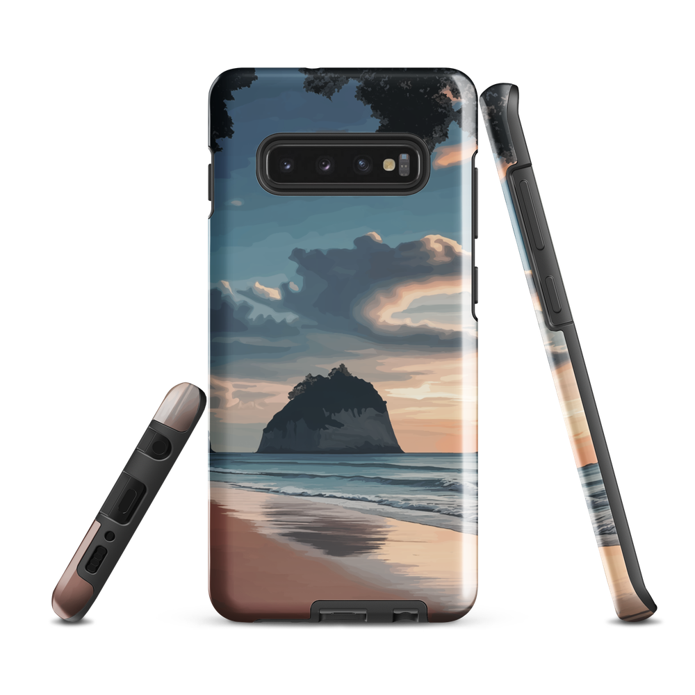 Phone case with Cathedral Cove beach and sunset scene, featuring soft skies and sea stack, by NZ artist Ben Hart.