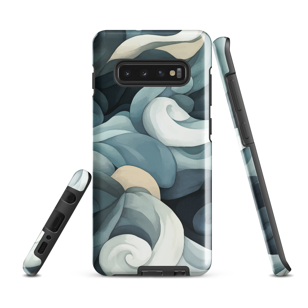 Phone case with abstract swirling ocean waves in blue and cream