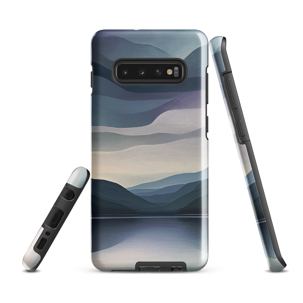 Phone case with moody blue and purple layered mountain and lake landscape artwork
