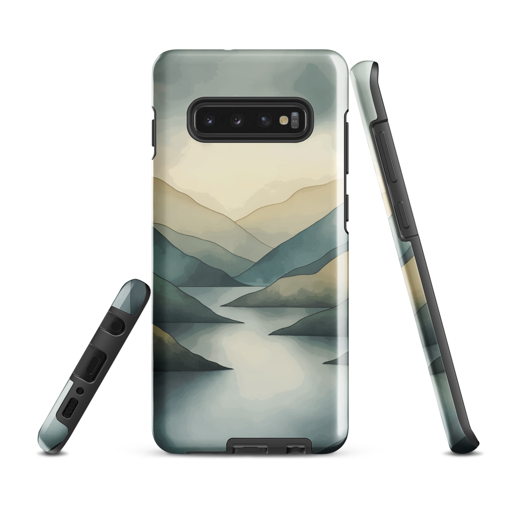 Phone case with soft mountain and valley design in misty green, blue, and golden tones