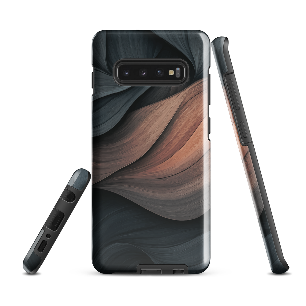 Phone case with flowing abstract design in black, copper and charcoal tones, inspired by dusk shadows