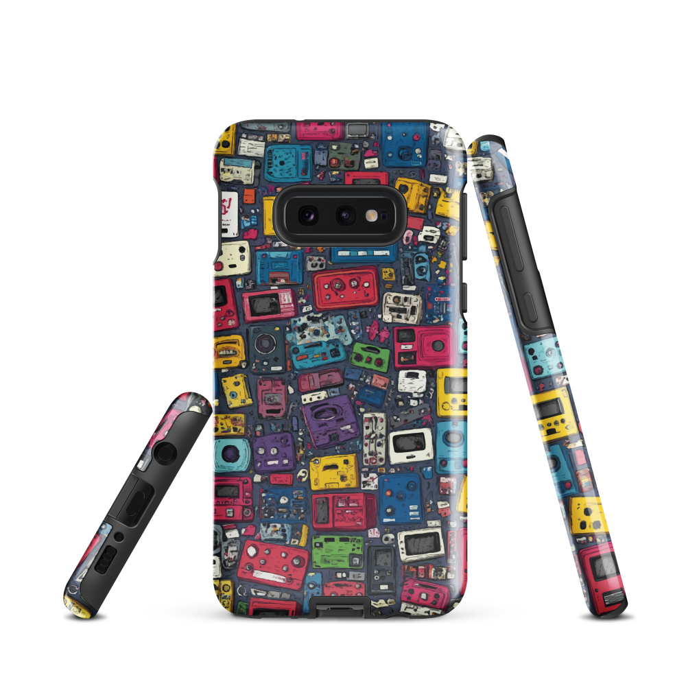 'Arcade' Samsung case, featuring a vibrant collage of hand-drawn controllers in bold, vintage-inspired colours. From electric blue and hot pink to classic black and yellow