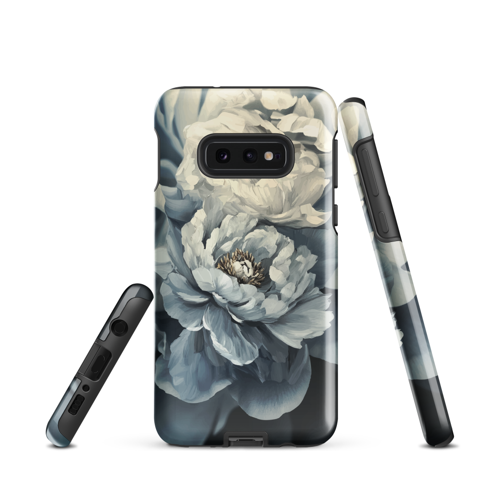 'Whisper' Samsung case features a stunning close-up of softly painted peony blooms in dreamy shades of ivory, grey, and smoky blue.