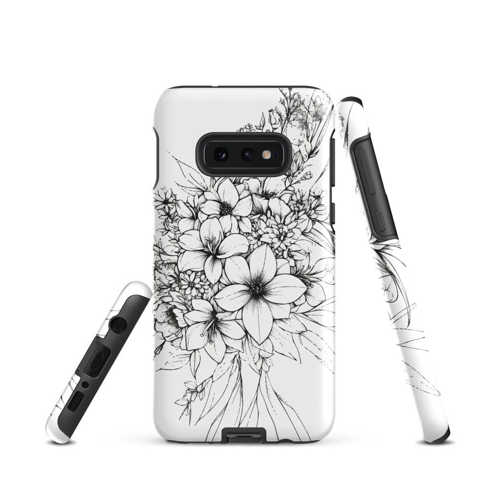 Black and white floral phone case with hand-drawn lilies and wildflowers